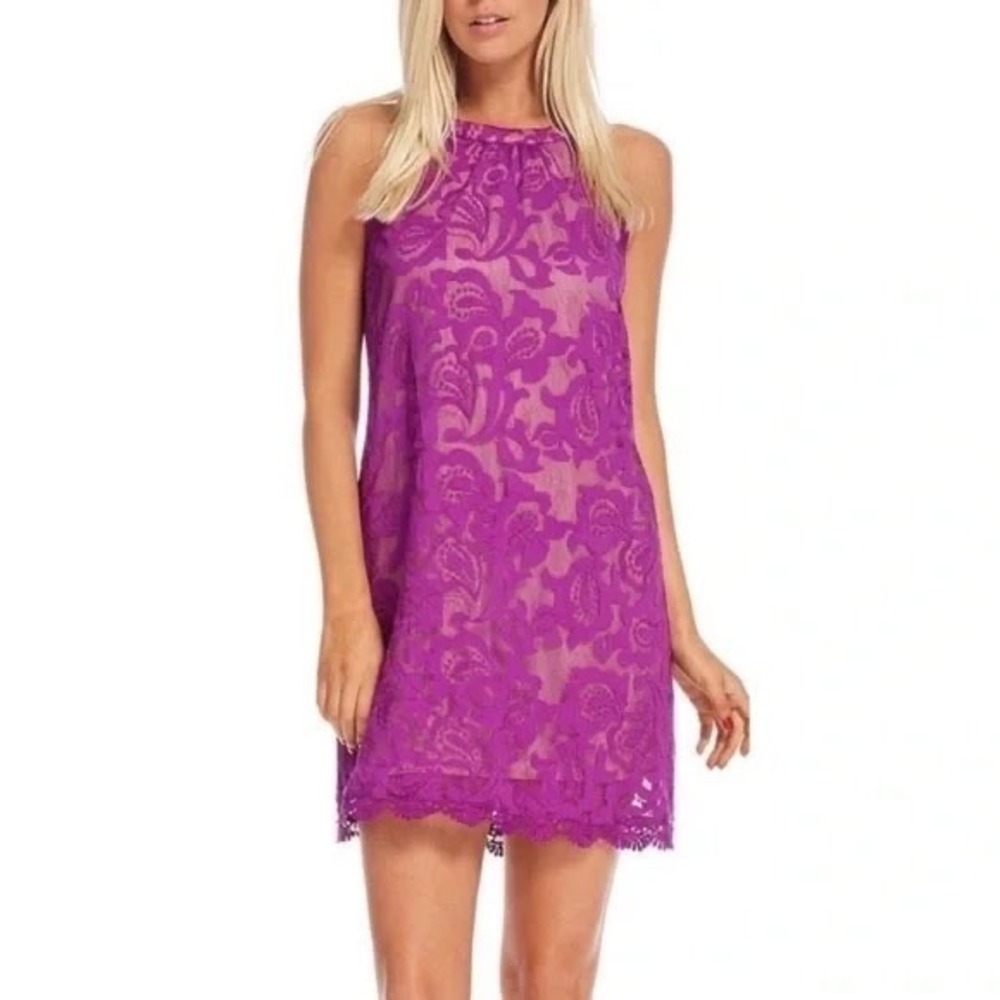 Skies Are Blue Purple Lace Halter Neck Mini Dress Nude Lining